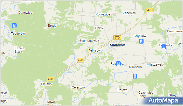 mapa Bielawy gmina Malanów, Bielawy gmina Malanów na mapie Targeo