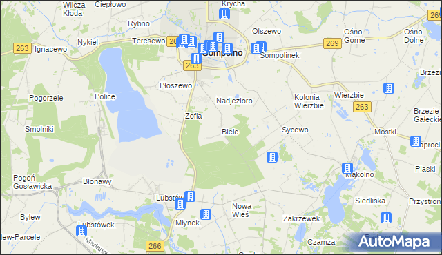 mapa Biele gmina Sompolno, Biele gmina Sompolno na mapie Targeo