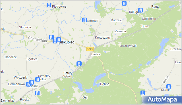 mapa Bielice gmina Biskupiec, Bielice gmina Biskupiec na mapie Targeo