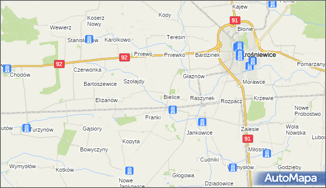 mapa Bielice gmina Krośniewice, Bielice gmina Krośniewice na mapie Targeo