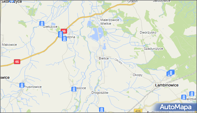 mapa Bielice gmina Łambinowice, Bielice gmina Łambinowice na mapie Targeo