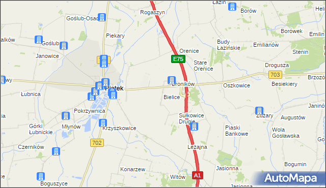 mapa Bielice gmina Piątek, Bielice gmina Piątek na mapie Targeo