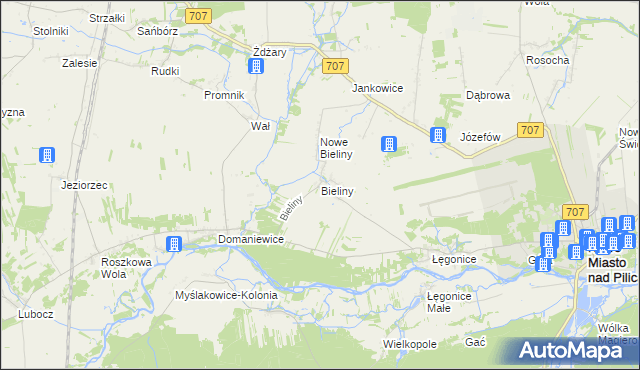 mapa Bieliny gmina Nowe Miasto nad Pilicą, Bieliny gmina Nowe Miasto nad Pilicą na mapie Targeo