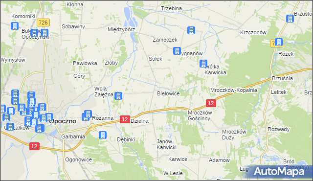 mapa Bielowice gmina Opoczno, Bielowice gmina Opoczno na mapie Targeo