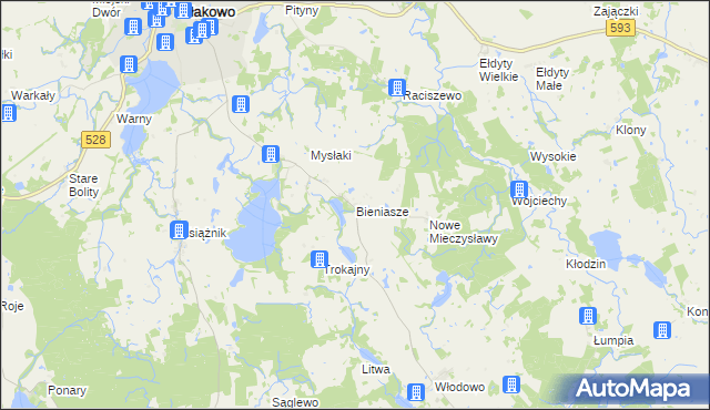 mapa Bieniasze gmina Miłakowo, Bieniasze gmina Miłakowo na mapie Targeo