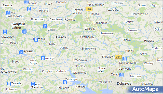 mapa Bieńkowice gmina Dobczyce, Bieńkowice gmina Dobczyce na mapie Targeo