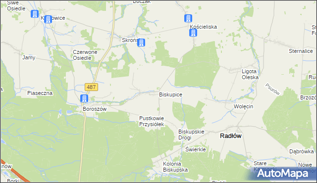 mapa Biskupice gmina Radłów, Biskupice gmina Radłów na mapie Targeo