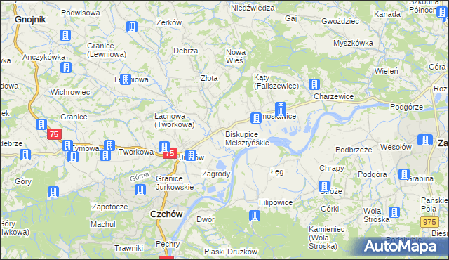 mapa Biskupice Melsztyńskie, Biskupice Melsztyńskie na mapie Targeo