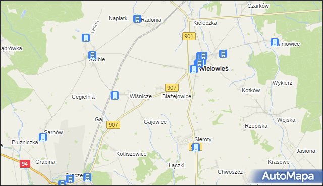 mapa Błażejowice gmina Wielowieś, Błażejowice gmina Wielowieś na mapie Targeo