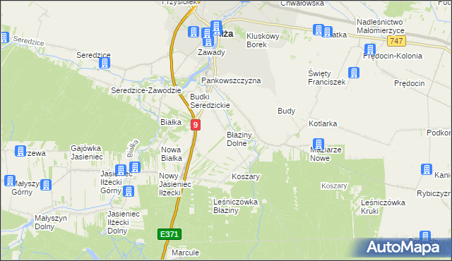 mapa Błaziny Dolne, Błaziny Dolne na mapie Targeo