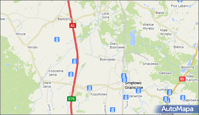 mapa Bobrowiec gmina Smętowo Graniczne, Bobrowiec gmina Smętowo Graniczne na mapie Targeo