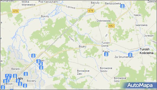 mapa Bojary gmina Turośń Kościelna, Bojary gmina Turośń Kościelna na mapie Targeo