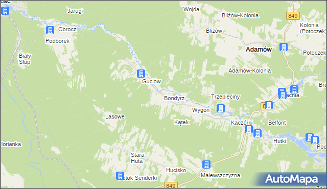 mapa Bondyrz gmina Adamów, Bondyrz gmina Adamów na mapie Targeo