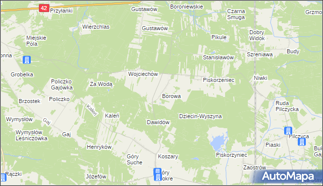 mapa Borowa gmina Przedbórz, Borowa gmina Przedbórz na mapie Targeo