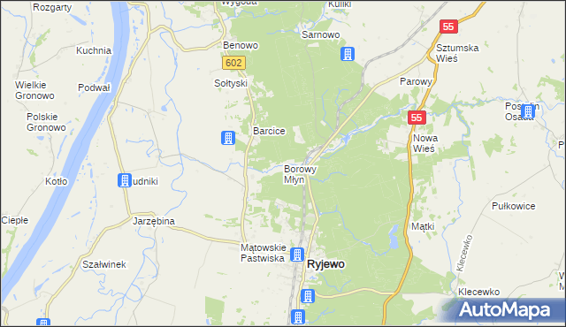 mapa Borowy Młyn gmina Ryjewo, Borowy Młyn gmina Ryjewo na mapie Targeo