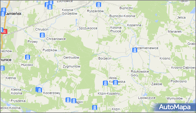 mapa Borzęcin gmina Gorzkowice, Borzęcin gmina Gorzkowice na mapie Targeo