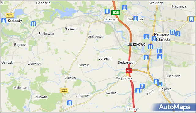 mapa Borzęcin gmina Pruszcz Gdański, Borzęcin gmina Pruszcz Gdański na mapie Targeo