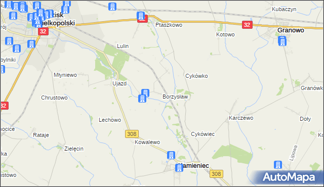 mapa Borzysław gmina Grodzisk Wielkopolski, Borzysław gmina Grodzisk Wielkopolski na mapie Targeo