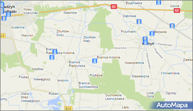 mapa Branica-Kolonia gmina Wohyń, Branica-Kolonia gmina Wohyń na mapie Targeo