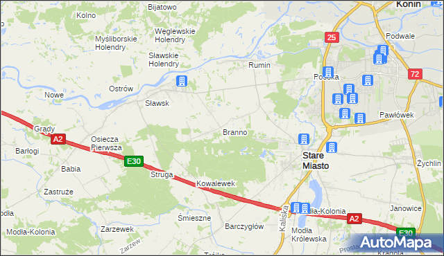 mapa Branno gmina Rzgów, Branno gmina Rzgów na mapie Targeo