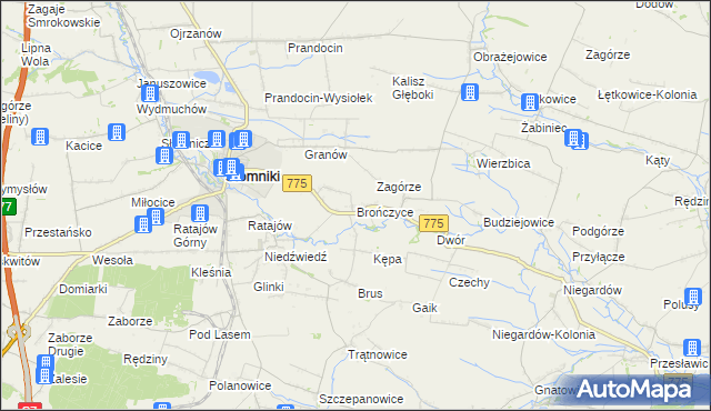 mapa Brończyce gmina Słomniki, Brończyce gmina Słomniki na mapie Targeo