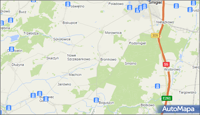 mapa Bronikowo gmina Śmigiel, Bronikowo gmina Śmigiel na mapie Targeo