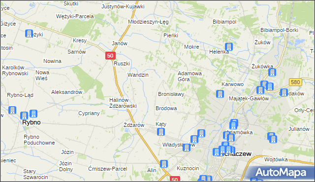 mapa Bronisławy gmina Sochaczew, Bronisławy gmina Sochaczew na mapie Targeo