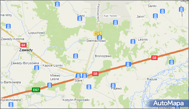 mapa Broniszewo gmina Tykocin, Broniszewo gmina Tykocin na mapie Targeo