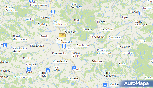 mapa Broniszów gmina Wielopole Skrzyńskie, Broniszów gmina Wielopole Skrzyńskie na mapie Targeo