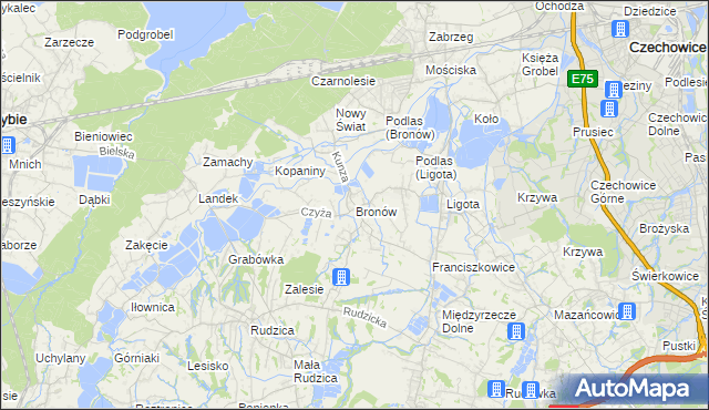 mapa Bronów gmina Czechowice-Dziedzice, Bronów gmina Czechowice-Dziedzice na mapie Targeo