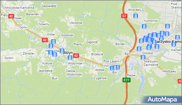 mapa Brzeście gmina Bliżyn, Brzeście gmina Bliżyn na mapie Targeo