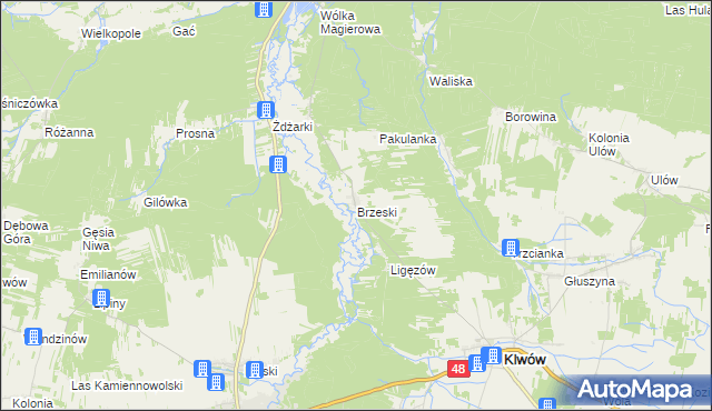 mapa Brzeski gmina Klwów, Brzeski gmina Klwów na mapie Targeo