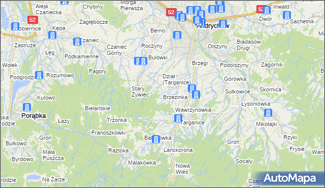 mapa Brzezinka gmina Andrychów, Brzezinka gmina Andrychów na mapie Targeo