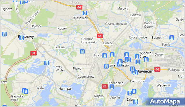 mapa Brzezinka gmina Oświęcim, Brzezinka gmina Oświęcim na mapie Targeo