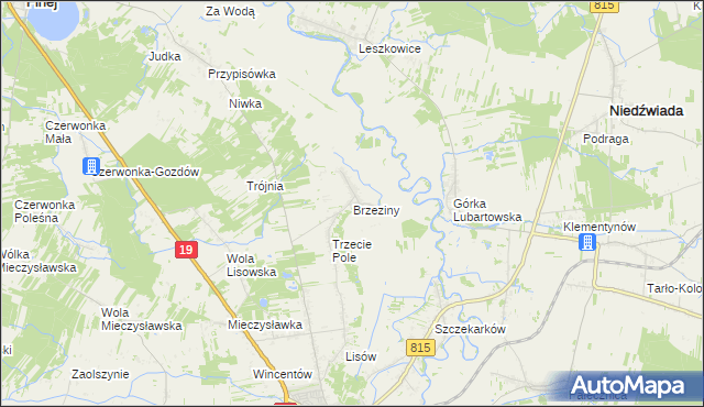 mapa Brzeziny gmina Lubartów, Brzeziny gmina Lubartów na mapie Targeo