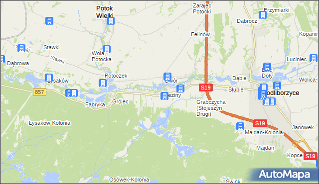 mapa Brzeziny gmina Modliborzyce, Brzeziny gmina Modliborzyce na mapie Targeo