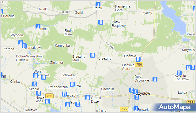 mapa Brzeziny gmina Szydłów, Brzeziny gmina Szydłów na mapie Targeo