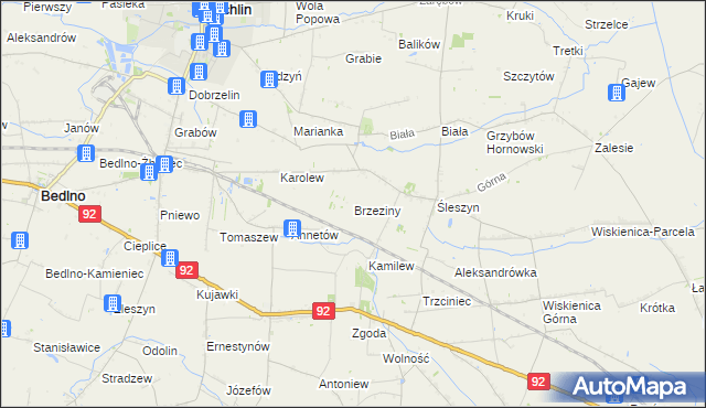 mapa Brzeziny gmina Żychlin, Brzeziny gmina Żychlin na mapie Targeo