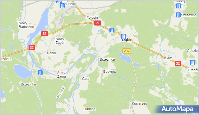 mapa Brzeźnica gmina Dąbie, Brzeźnica gmina Dąbie na mapie Targeo