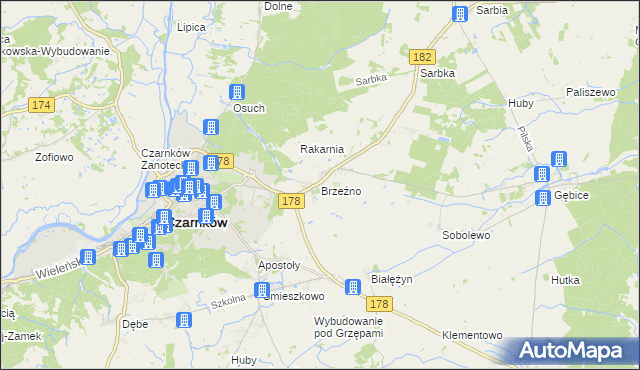 mapa Brzeźno gmina Czarnków, Brzeźno gmina Czarnków na mapie Targeo