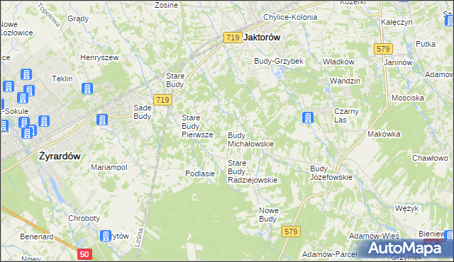 mapa Budy Michałowskie gmina Jaktorów, Budy Michałowskie gmina Jaktorów na mapie Targeo