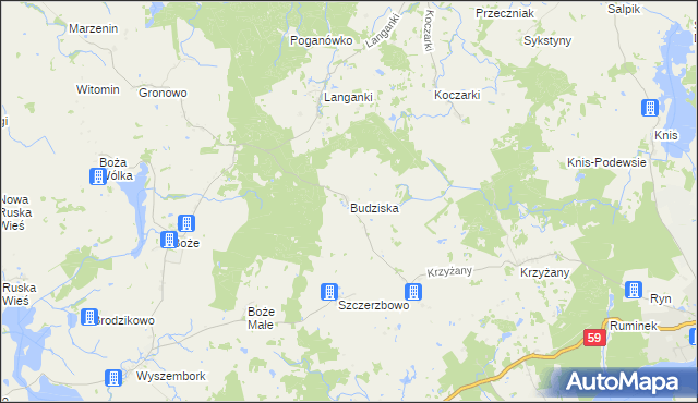 mapa Budziska gmina Mrągowo, Budziska gmina Mrągowo na mapie Targeo