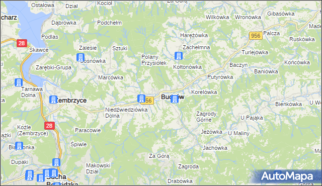 mapa Budzów powiat suski, Budzów powiat suski na mapie Targeo