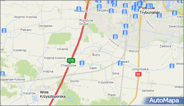 mapa Bujny gmina Wola Krzysztoporska, Bujny gmina Wola Krzysztoporska na mapie Targeo