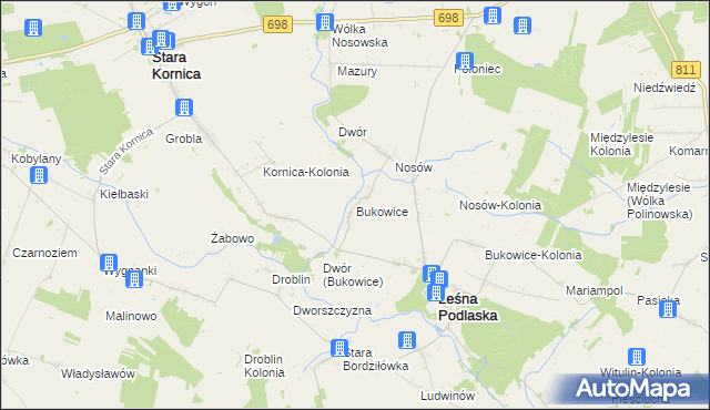 mapa Bukowice gmina Leśna Podlaska, Bukowice gmina Leśna Podlaska na mapie Targeo