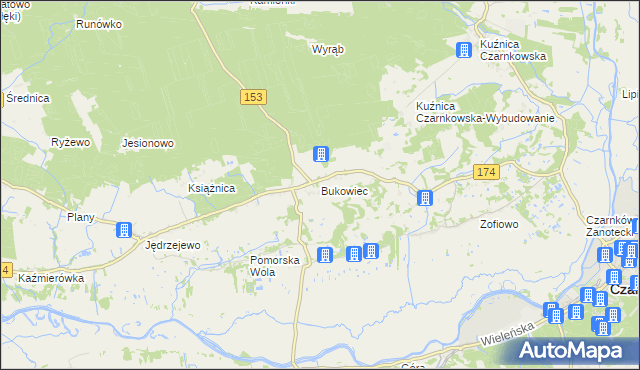 mapa Bukowiec gmina Czarnków, Bukowiec gmina Czarnków na mapie Targeo