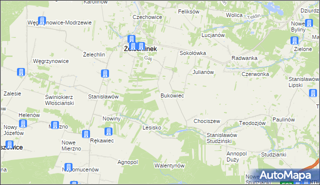 mapa Bukowiec gmina Żelechlinek, Bukowiec gmina Żelechlinek na mapie Targeo