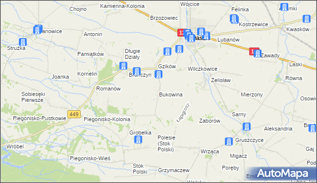 mapa Bukowina gmina Błaszki, Bukowina gmina Błaszki na mapie Targeo