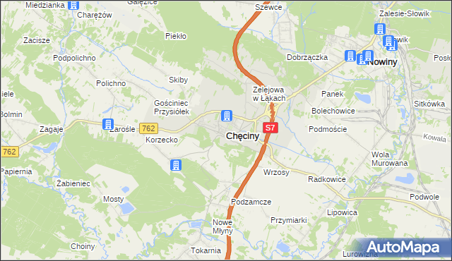 mapa Chęciny powiat kielecki, Chęciny powiat kielecki na mapie Targeo
