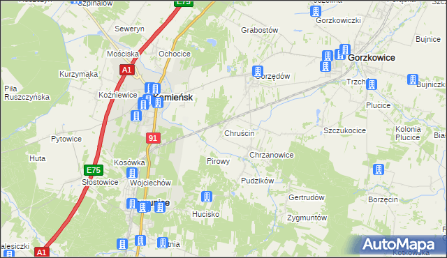 mapa Chruścin gmina Gomunice, Chruścin gmina Gomunice na mapie Targeo